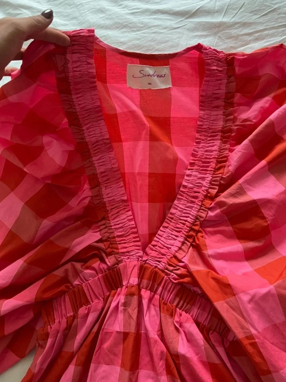 Sundress 🍒🌸 Pink and Red Gingham V-Neck Ruffle Mini Romper - Picture 4 of 4